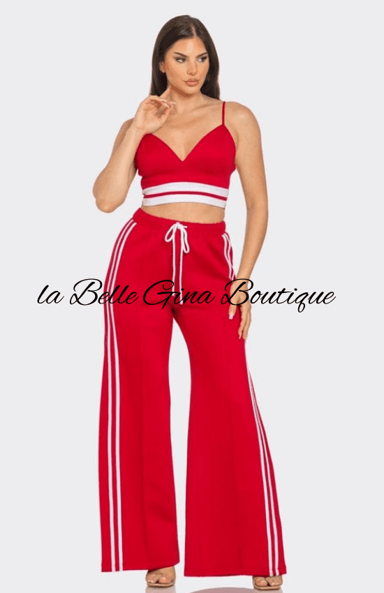 Striped Bra Crop Top Flare Pants Set Red White Red White Small