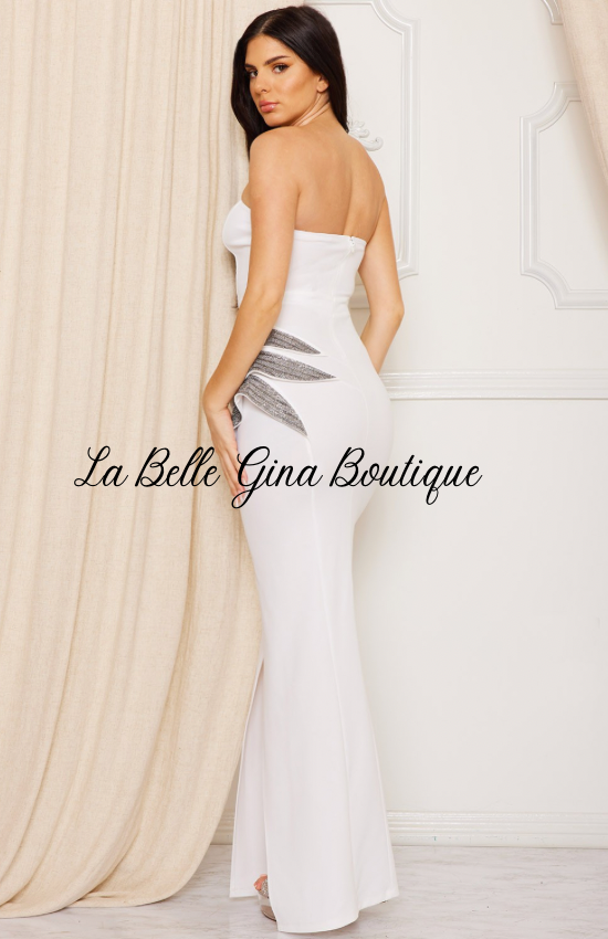 Safira Rhinestone Side Detailed Tube Top Maxi Dress-Ivory.