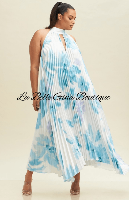 Lidde Sleeveless Halter Neck Open Back Maxi Dress-White/ Blue