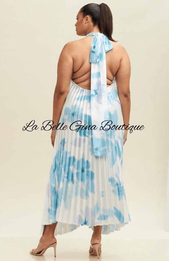 Lidde Sleeveless Halter Neck Open Back Maxi Dress-White/ Blue