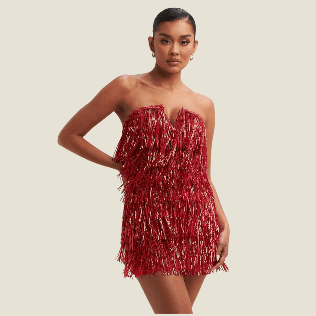 Gina Sequin Strapless V-Neck Fringe Mini Dress-Red