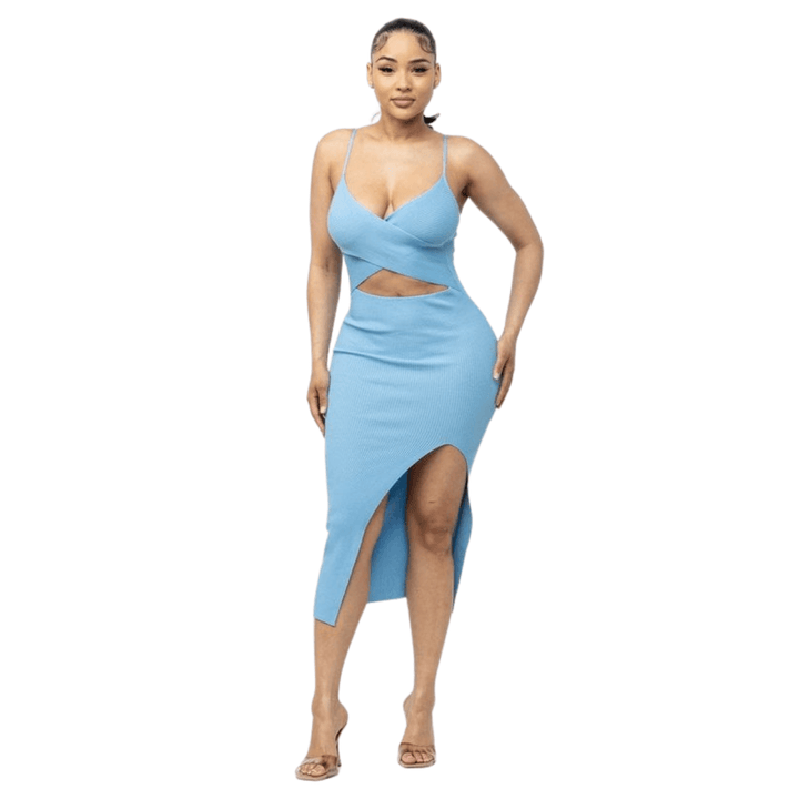 Sadia Cross Front Top Sleeveless V_Neck Side Slit Midi Dress-Baby Blue