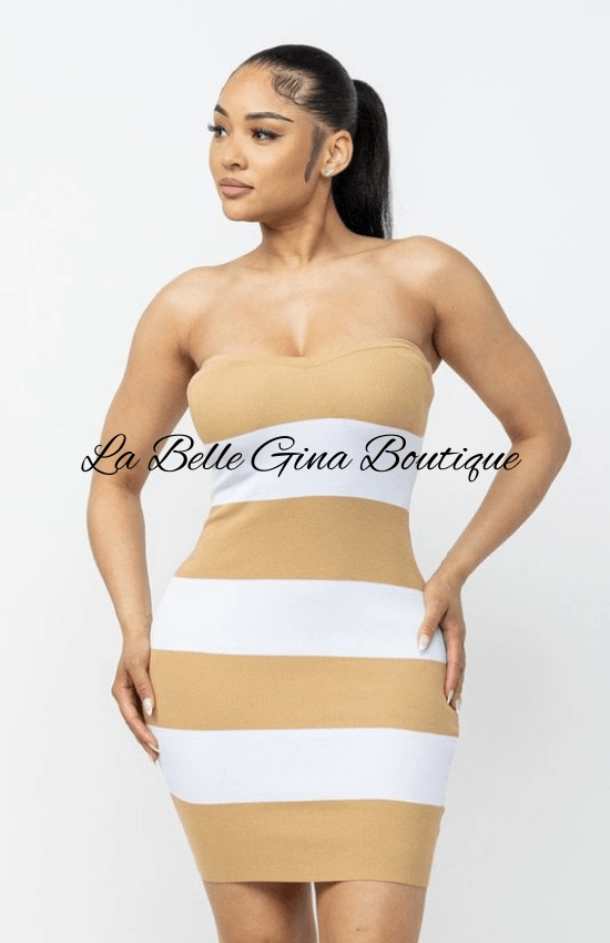 Aliah Striped Casual Tube Mini Dress-Taupe/White