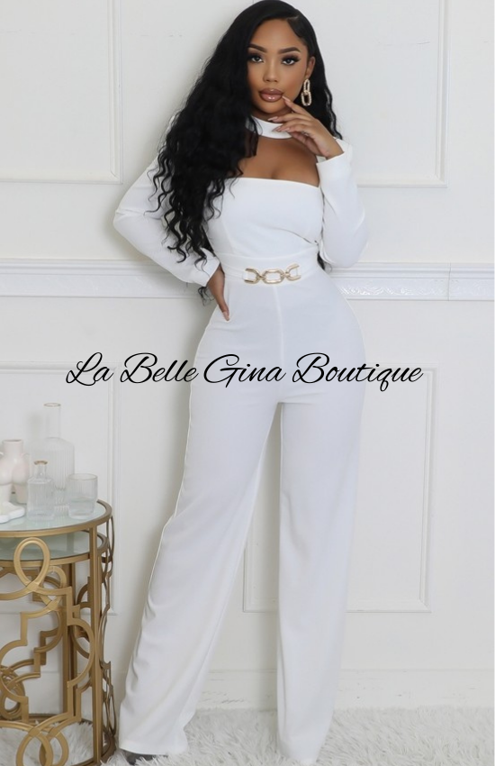 Lisa Stretch Round Neck Long Sleeves Jumpsuit-Off White