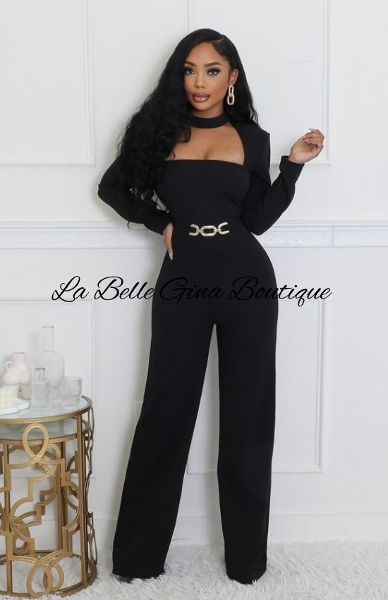 Lisa Stretch Round Neck Long Sleeves Jumpsuit-Black