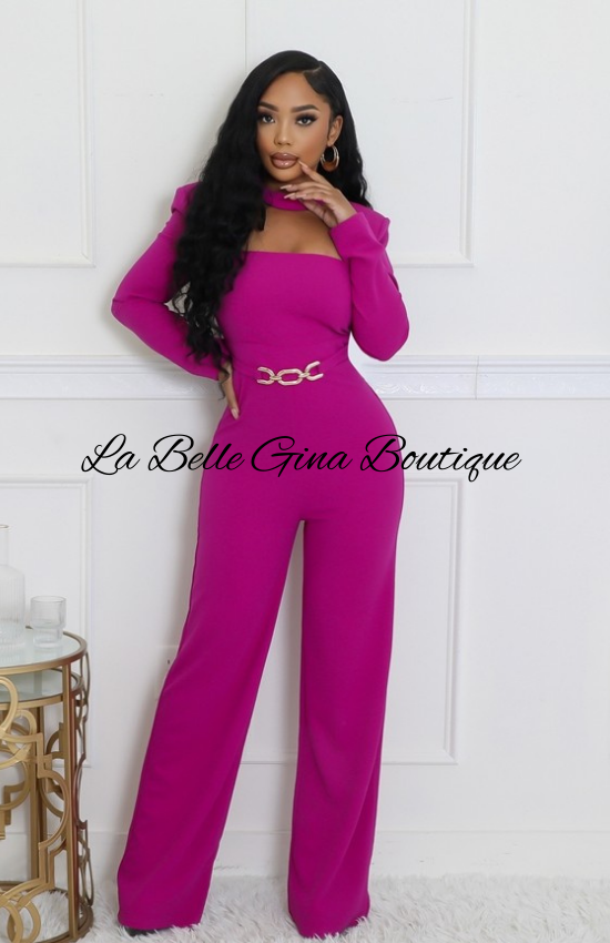 Lisa Stretch Round Neck Long Sleeves Jumpsuit-Magenta