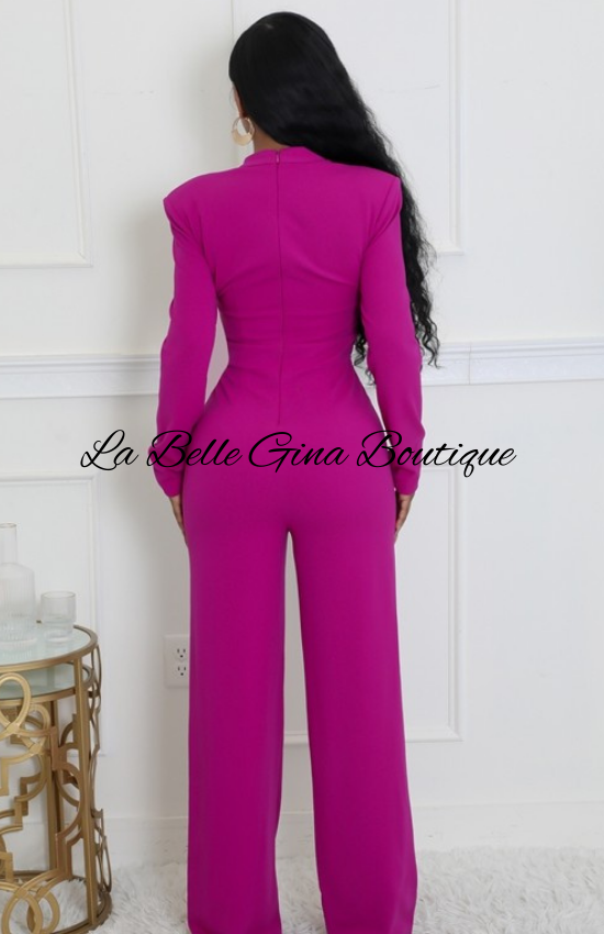 Lisa Stretch Round Neck Long Sleeves Jumpsuit-Magenta