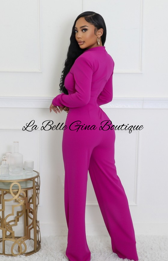 Lisa Stretch Round Neck Long Sleeves Jumpsuit-Magenta