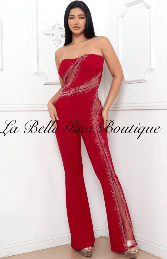 Edwine Rhinestone With Cutout Jumpsuit Red