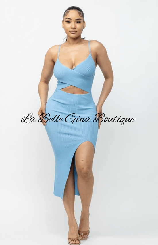 Sadia Cross Front Top Sleeveless V_Neck Side Slit Midi Dress-Baby Blue