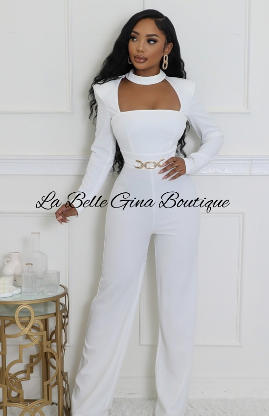 Lisa Stretch Round Neck Long Sleeves Jumpsuit-Off White