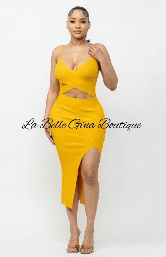 Sadia Cross Front Top Sleeveless V_Neck Side Slit Midi Dress-Mustard