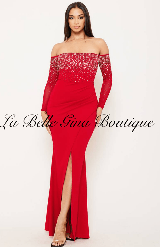 Lisa Rhinestone Off Shoulder Maxi Dress