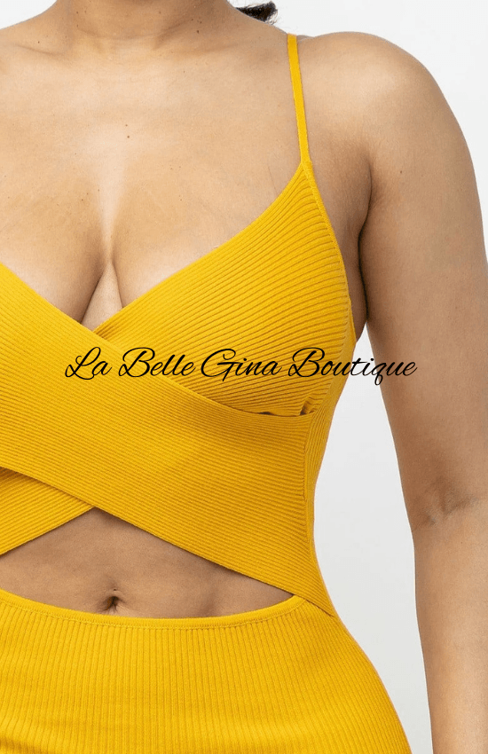 Sadia Cross Front Top Sleeveless V_Neck Side Slit Midi Dress-Mustard