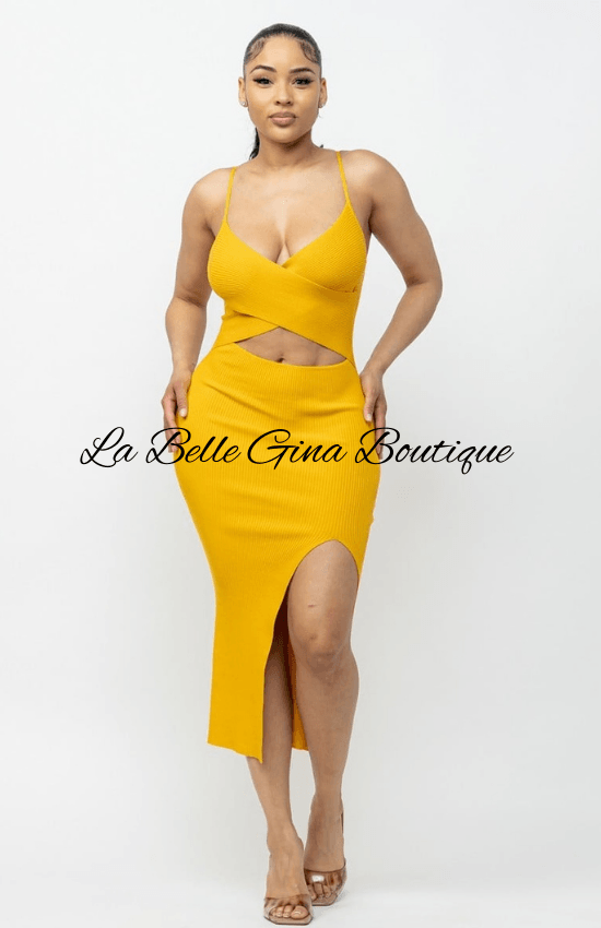 Sadia Cross Front Top Sleeveless V_Neck Side Slit Midi Dress-Mustard