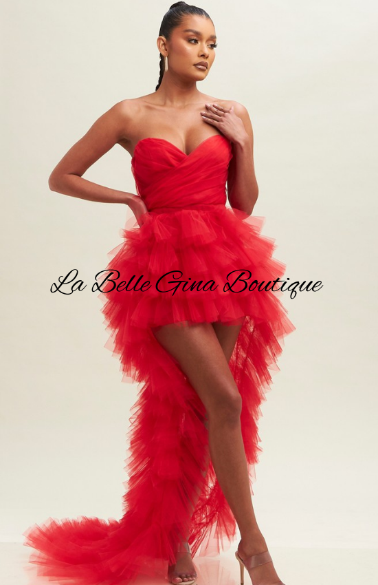 Elegant Tulle Layers Mesh Dress-Red