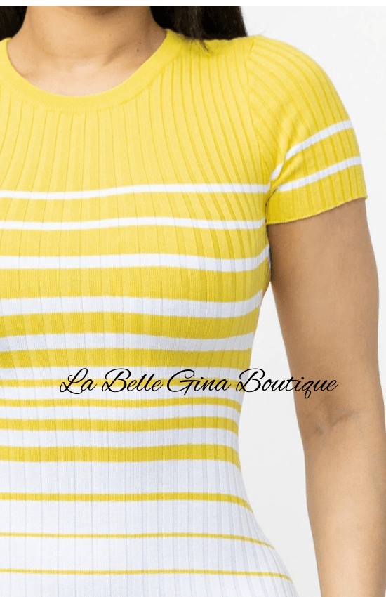 Evely Short Sleeves Casual Round Neck Mini Dress-Yellow/White