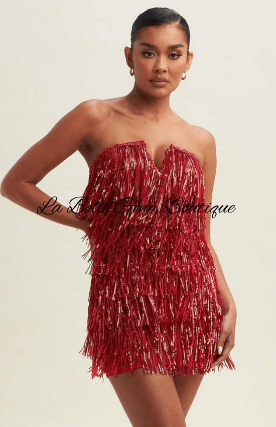 Gina Sequin Strapless V-Neck Fringe Mini Dress-Red