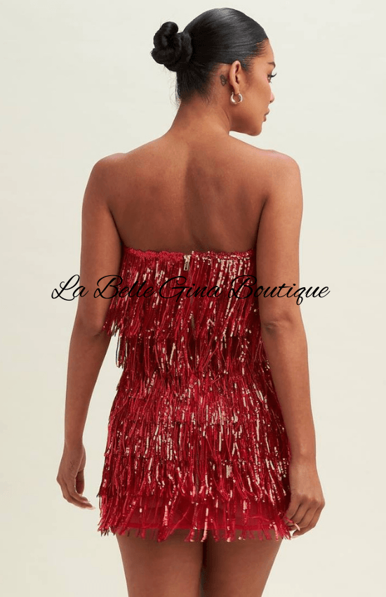 Gina Sequin Strapless V-Neck Fringe Mini Dress-Red