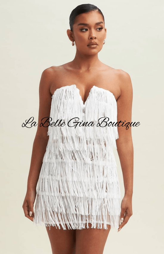 Gina Sequin Strapless V-Neck Fringe Mini Dress-White