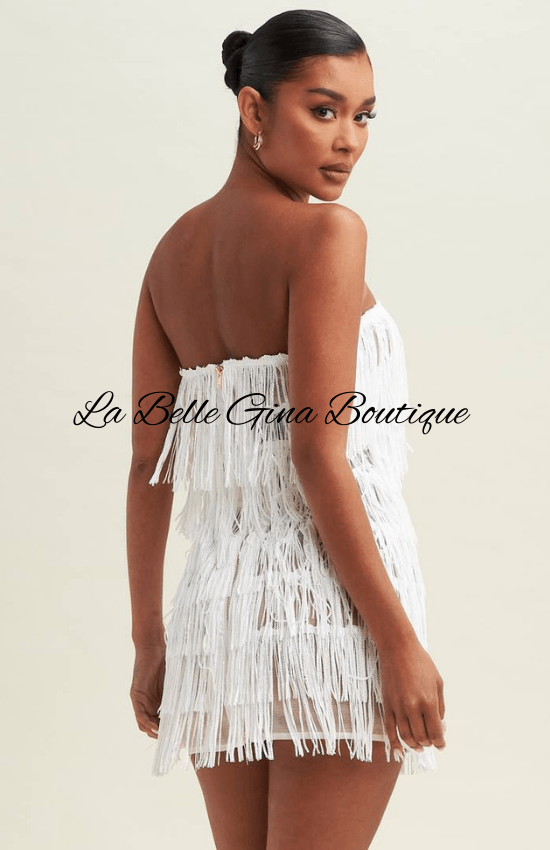 Gina Sequin Strapless V-Neck Fringe Mini Dress-White