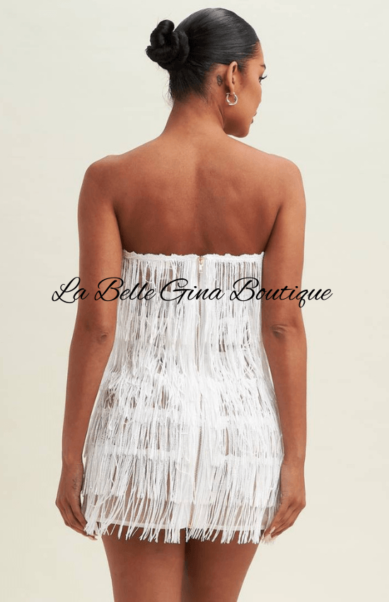 Gina Sequin Strapless V-Neck Fringe Mini Dress-White