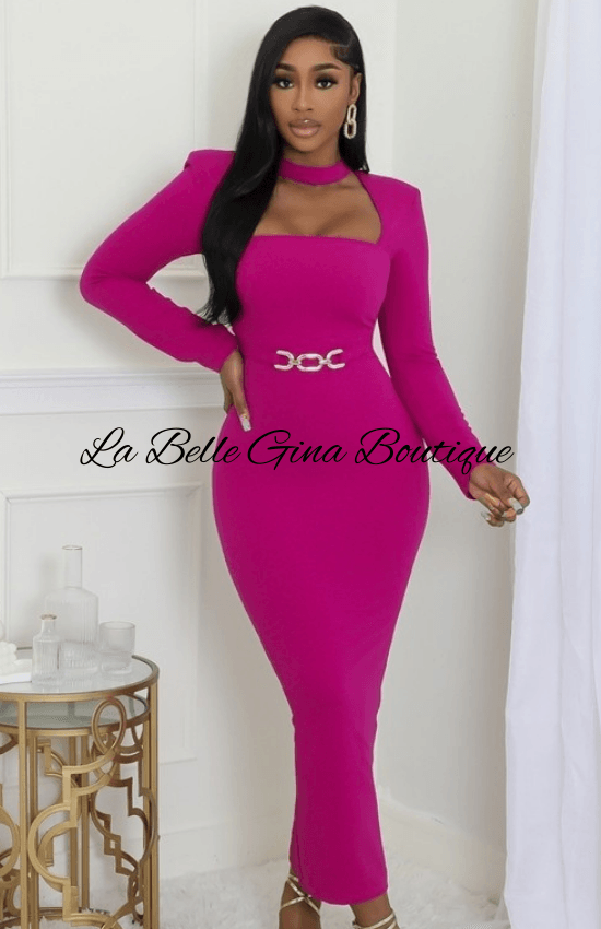 Diana Long Sleeves Round Neck Strech Maxi Dress-Magenta