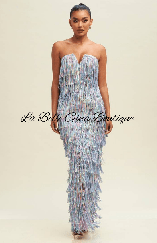 Gina Sequin Strapless V-Neck Fringe Maxi Dress-White