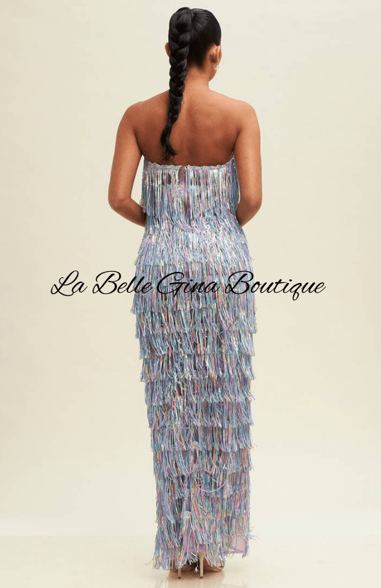 Gina Sequin Strapless V-Neck Fringe Maxi Dress-White