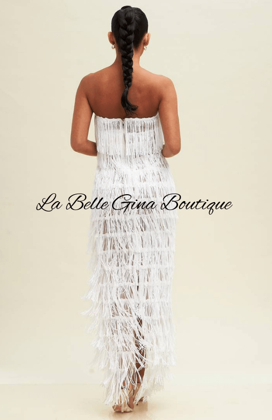 Gina Sequin Strapless V-Neck Fringe Maxi Dress-White