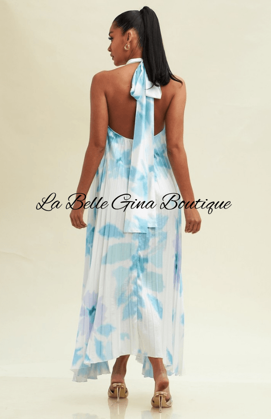 Lidde Sleeveless Halter Neck Open Back Maxi Dress-White/ Blue