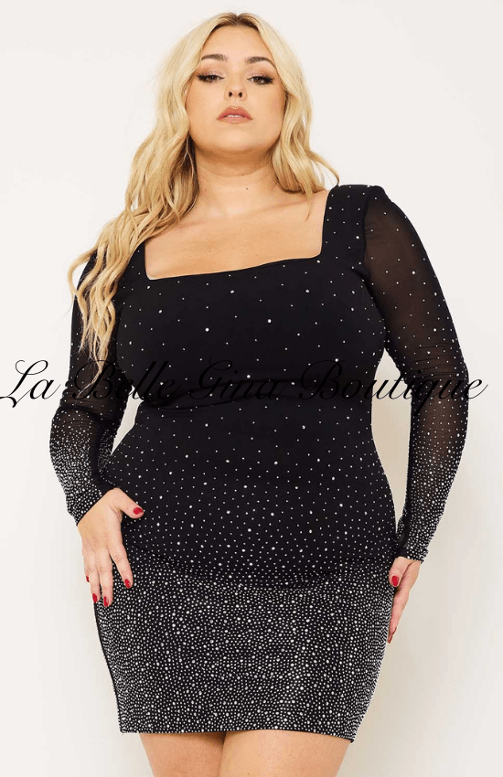 Sandia Ombre Rhinestone Mesh Plus Size Mini Dress