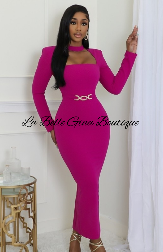 Diana Long Sleeves Round Neck Strech Maxi Dress-Magenta