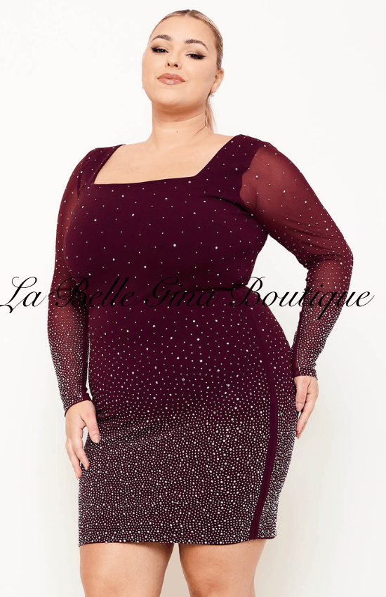 Sandia Ombre Rhinestone Mesh Plus Size Mini Dress