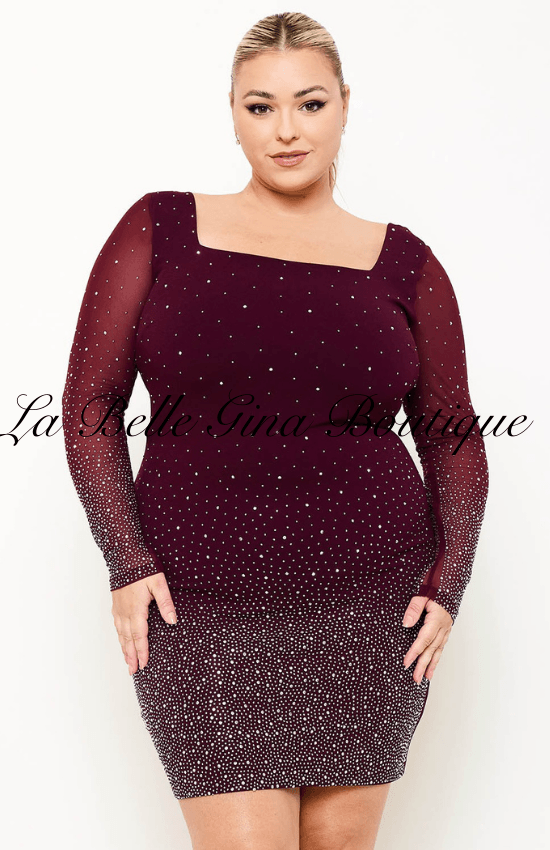 Sandia Ombre Rhinestone Mesh Plus Size Mini Dress