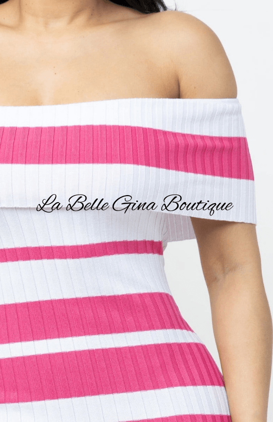 Laura Off Shoulder StripeElegant Midi Dress-Pink/White