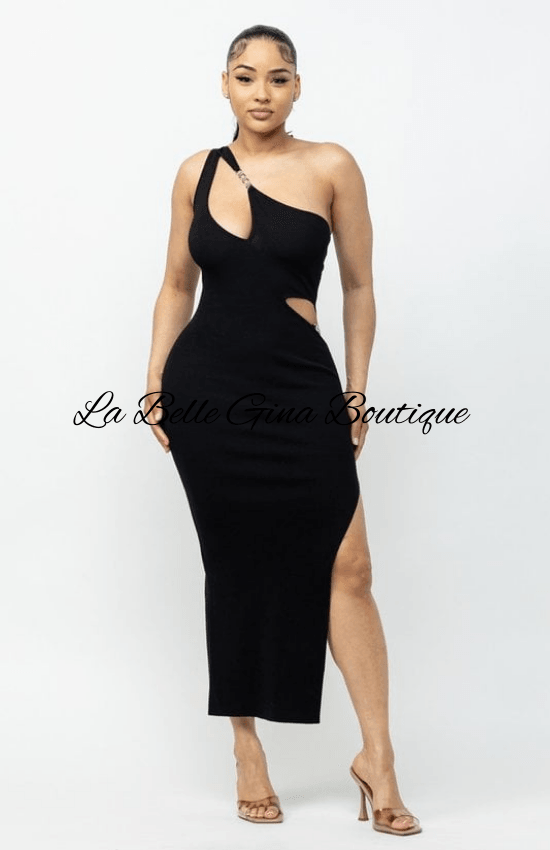 Karen One Shoulder Sleeveless Side Slit Maxi Dress-Black for women