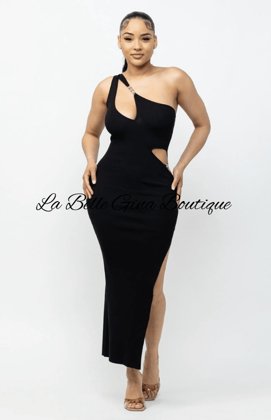 Karen One Shoulder Sleeveless Side Slit Maxi Dress-Black for women