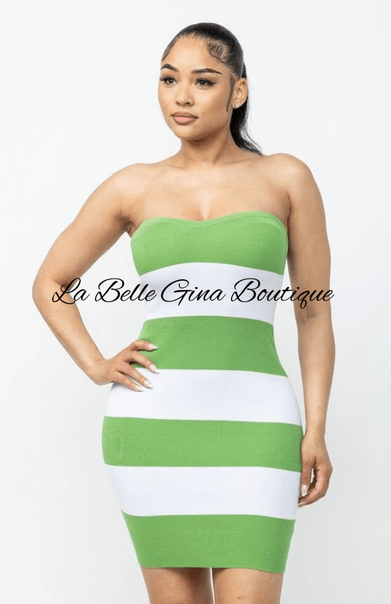 Aliah Striped Casual Tube Mini Dress-Green/White for women