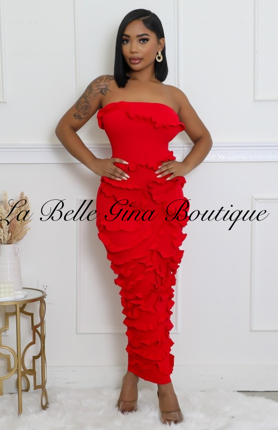 La Belle Tube Knitted Ruffle Texture Stretch Maxi Dress