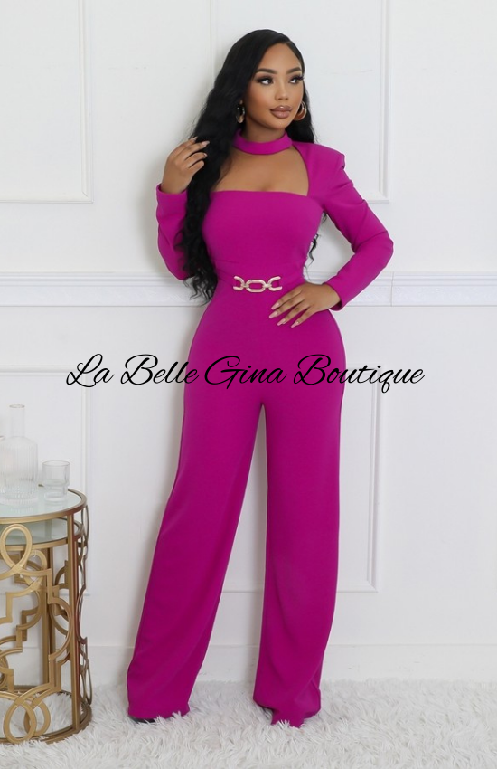 Lisa Stretch Round Neck Long Sleeves Jumpsuit-Magenta