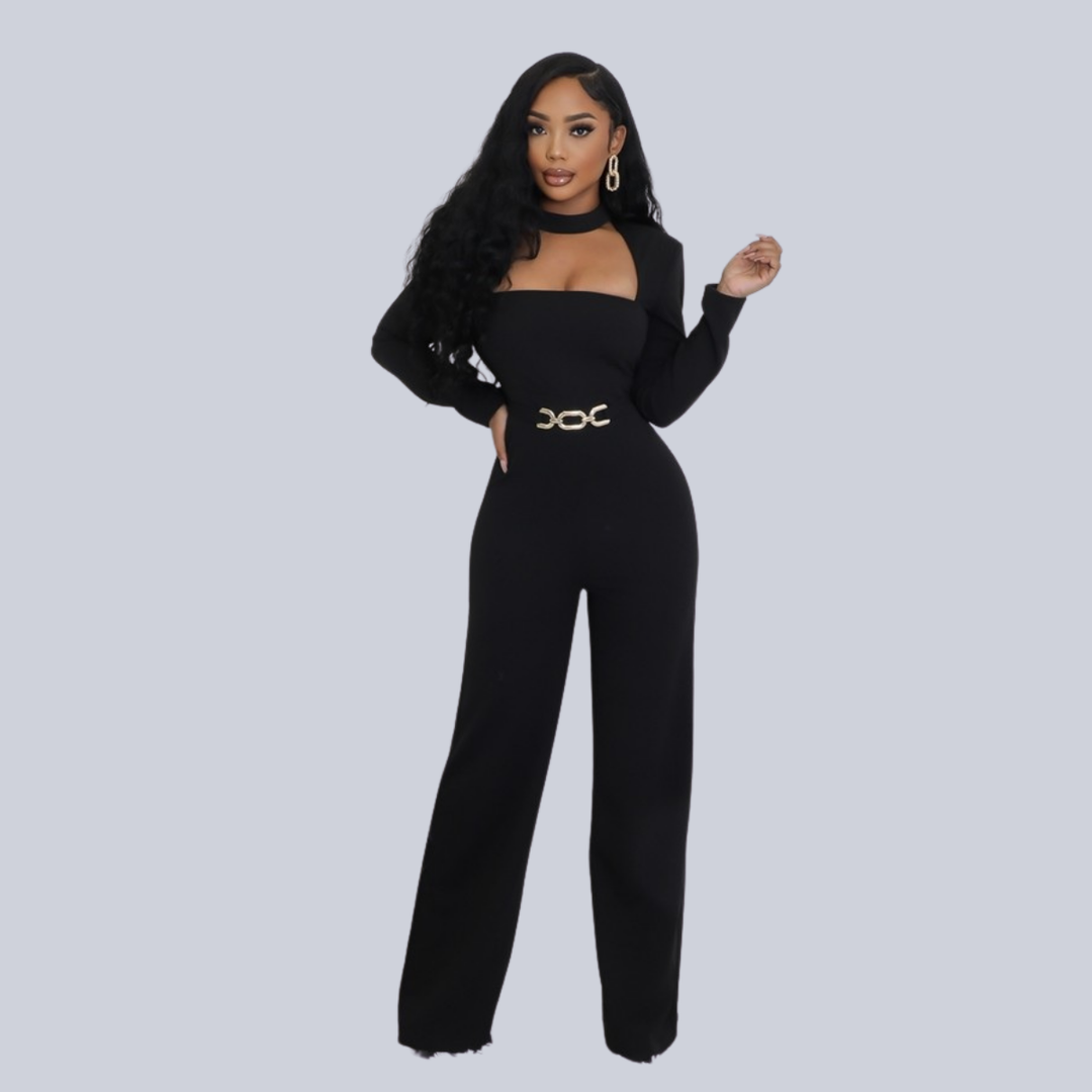 Lisa Stretch Round Neck Long Sleeves Jumpsuit-Black