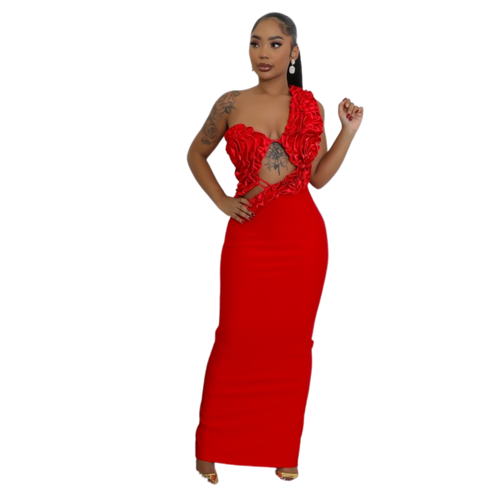 Lara One Shoulder Sleeveless Ruffles Cutout Stretch Maxi Dress