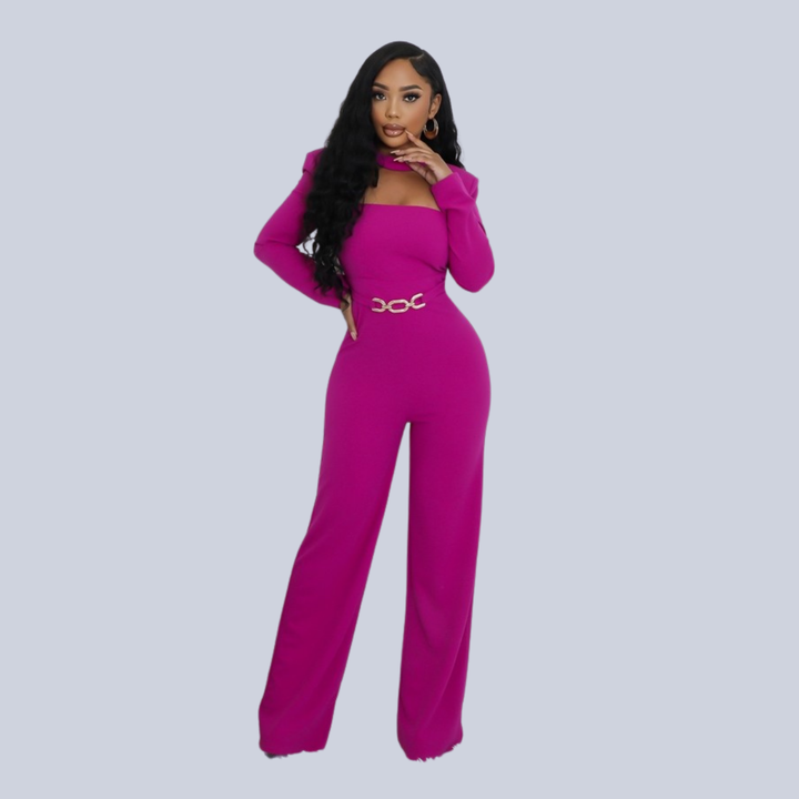 Lisa Stretch Round Neck Long Sleeves Jumpsuit-Magenta