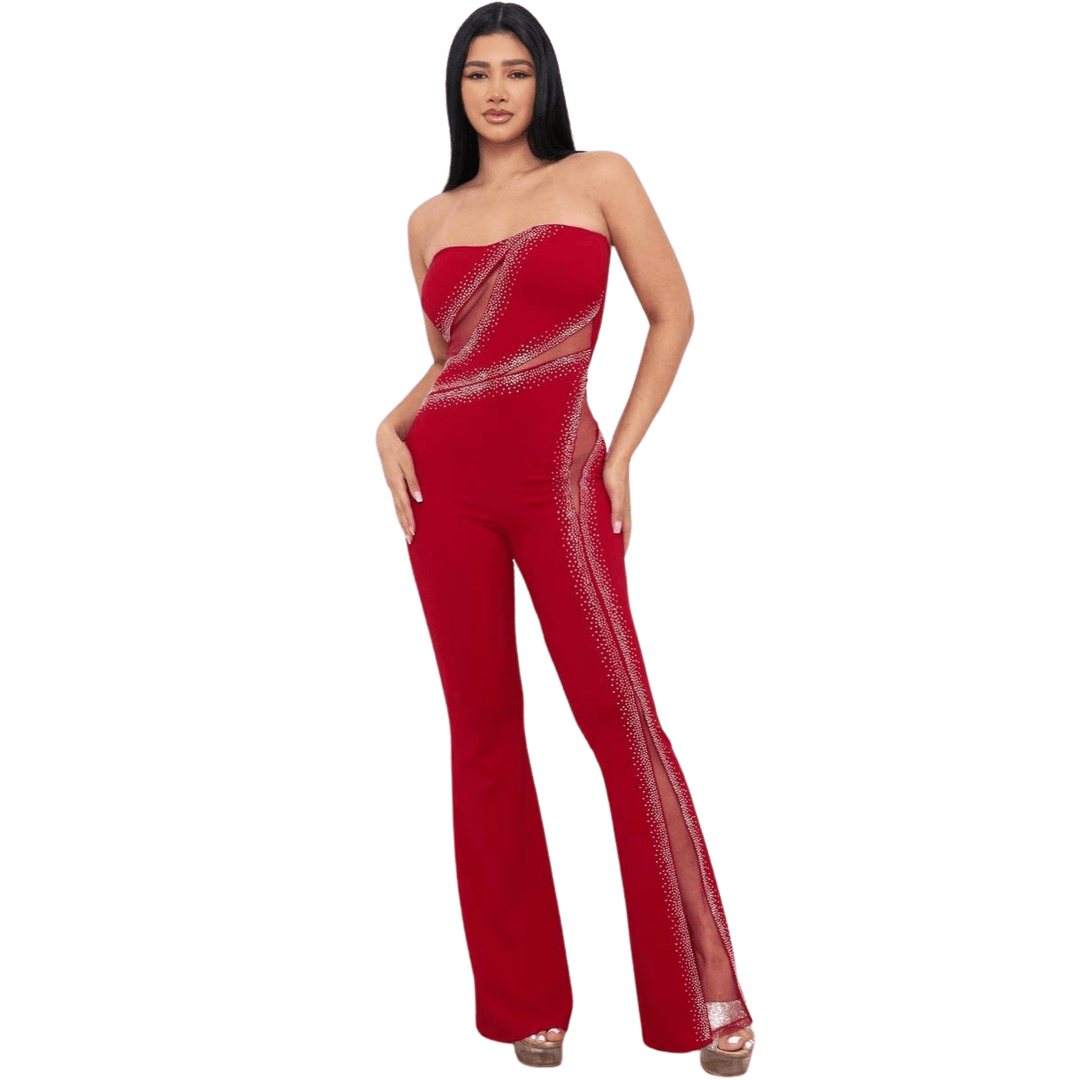 Edwine Rhinestone With Cutout Jumpsuit Red