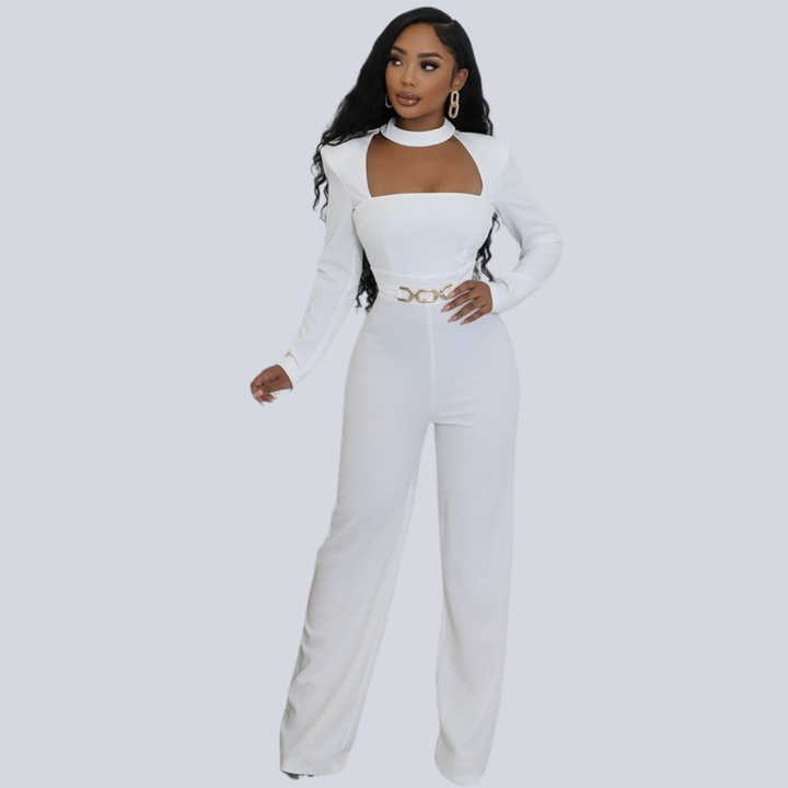 Lisa Stretch Round Neck Long Sleeves Jumpsuit-Off White