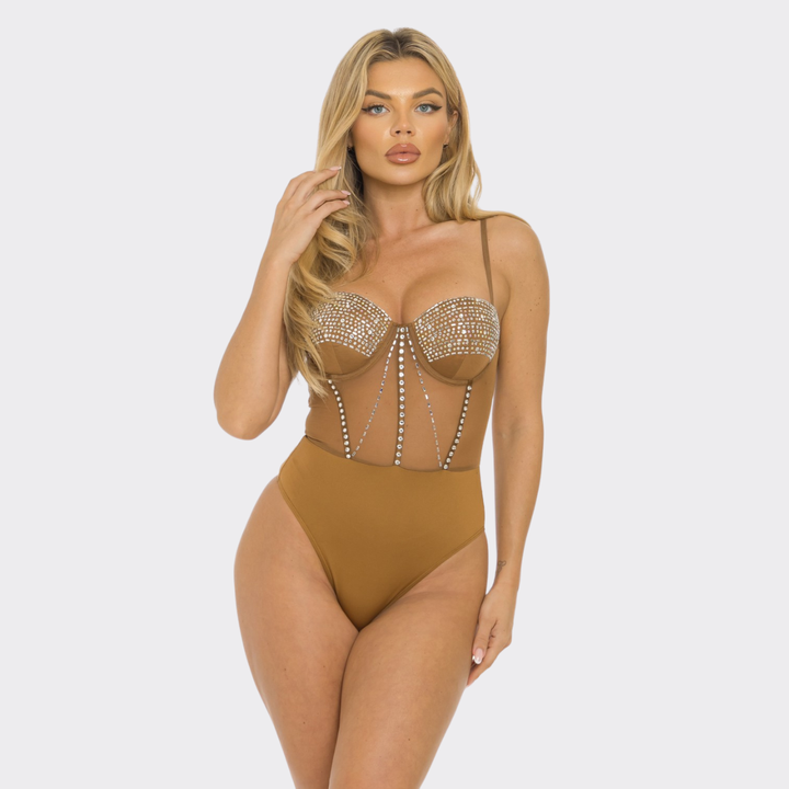 Leah Rhinestone Embelished Mesh Bodysuit