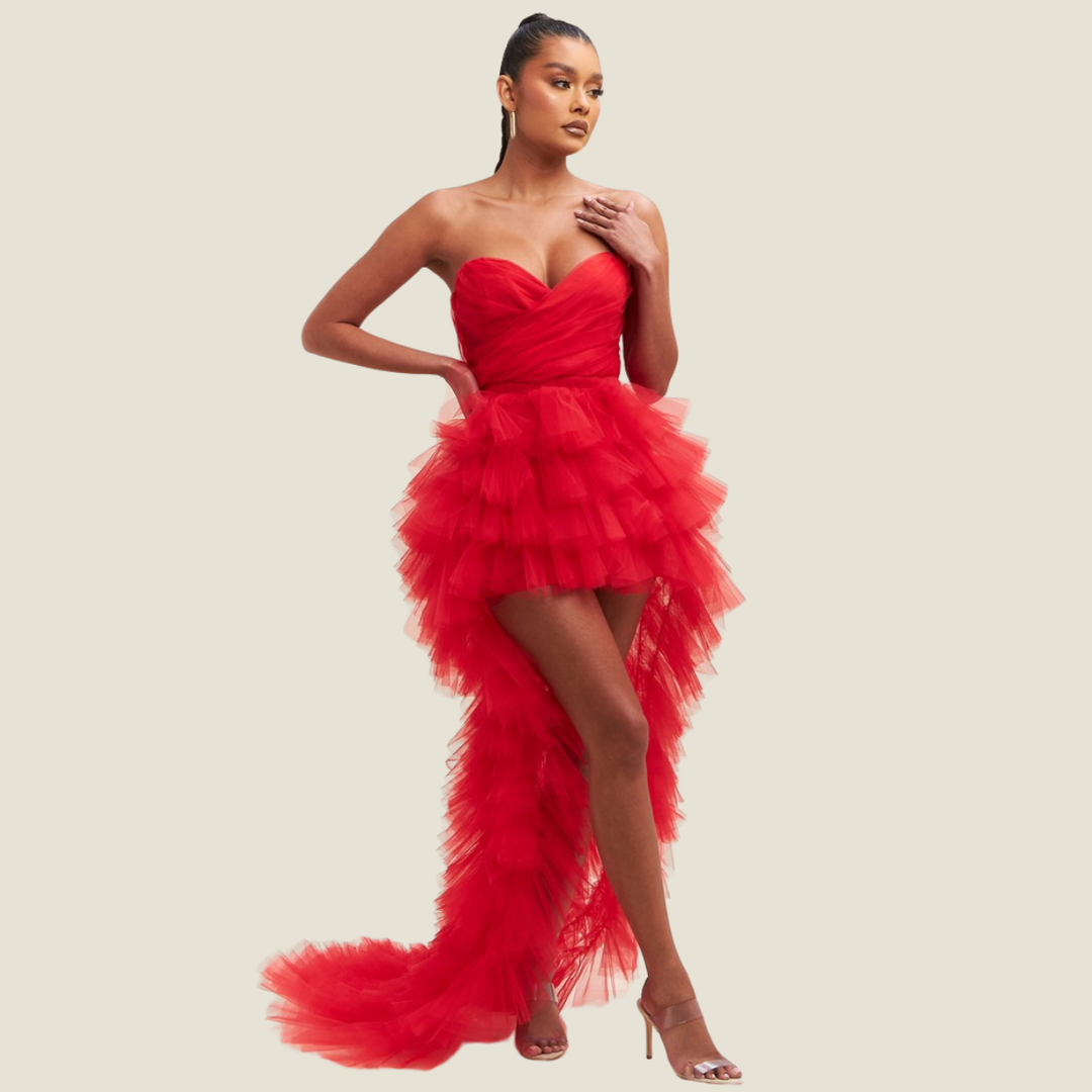 Elegant Tulle Layers Mesh Dress-Red