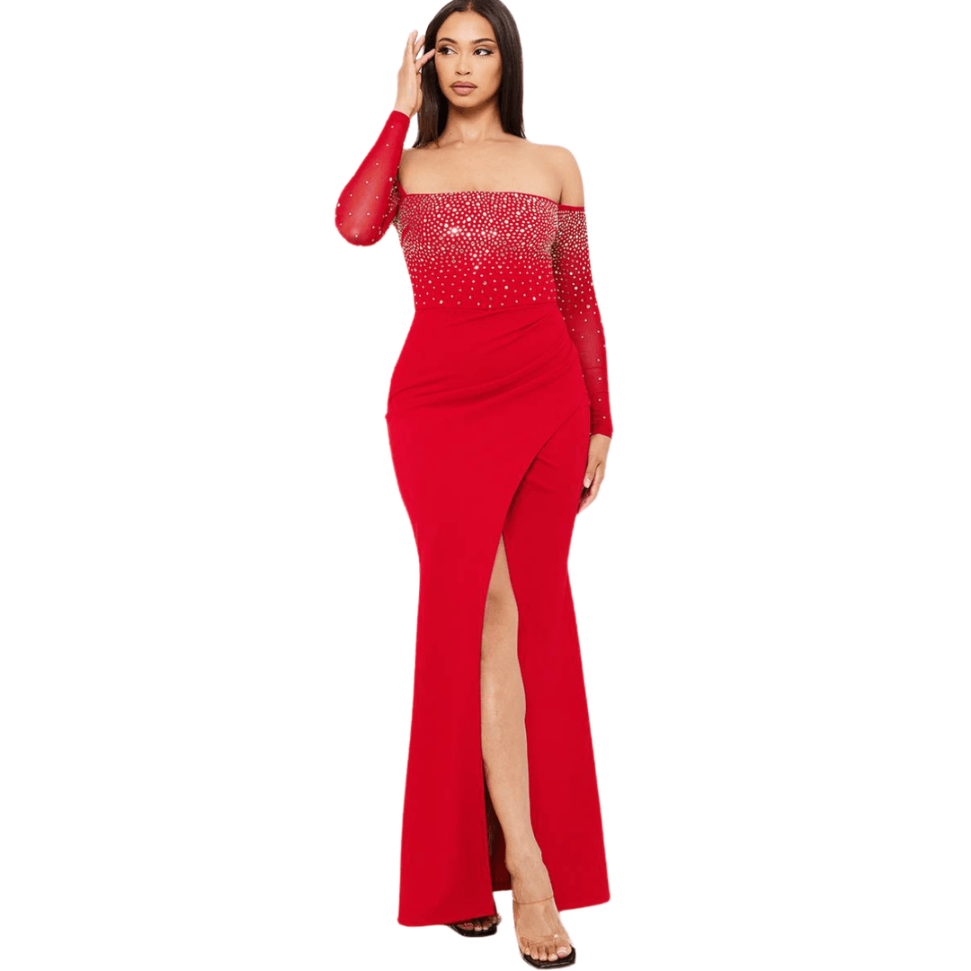 Lisa Rhinestone Off Shoulder Maxi Dress