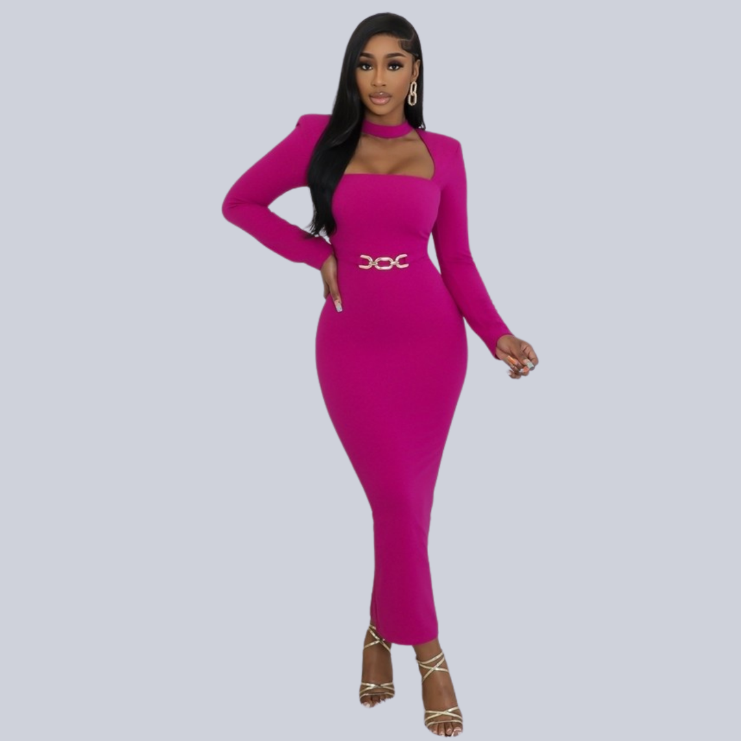 Diana Long Sleeves Round Neck Strech Maxi Dress-Magenta